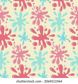 Seamless pattern of pink blue stains of flowing paint, splashes of colored liquid funny vector illustration