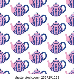 Seamless pattern of pink and blue teapots with wavy stripe design on a white background in fat style. Perfect for fabric, gift wrap, wallpaper or project with a fun and vibrant theme.