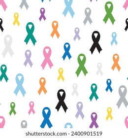 Seamless pattern with pink, blue, yellow, black, white and teal cancer ribbons. World Cancer Day 4 February. Cancer ribbon symbol. Cancer prevention, health care. Hand drawn vector illustration