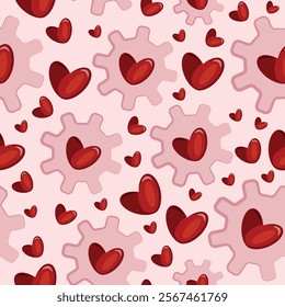 seamless pattern with pink bolts and red hearts placed randomly on a pink background, valentine's day pattern