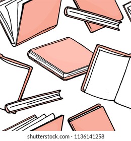 Seamless pattern with pink books on white background. Vector illustration in sketch style.