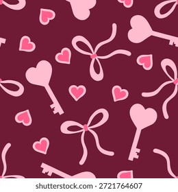 Patrón sin fisuras con lazo rosa, llave en forma de corazón rosa y corazones sobre un fondo de ciruela que simboliza el amor, el afecto y la celebración de San Valentín.