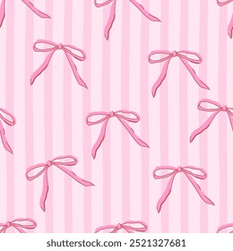 Seamless pattern with pink bow knot on striped pink background. Trendy hair braiding accessory. Editable vector illustration for wrapping paper, packaging, fabric, room decor, phone case etc. 