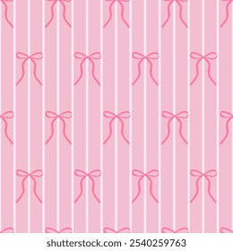 Seamless pattern with pink bow knot on striped pink background. Trendy hair braiding accessory. Editable vector illustration for wrapping paper, packaging, fabric, room decor, phone case etc.