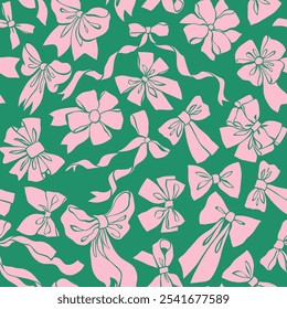 Seamless pattern with pink bow knots and gift ribbons on green background. Christmas, Birthday, Valentine's Day wrapping paper vector illustration. Hand-drawn design for package, fabric, card, banner.