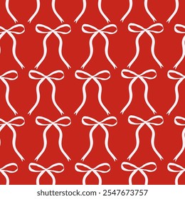 Seamless pattern with pink bow knots. Elegance print design. Trendy hair braiding accessory on red background. Editable vector illustration for wrapping paper, packaging, fabric, wallpaper, phone case