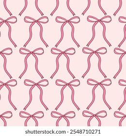 Seamless pattern with pink bow knots. Elegance print design. Trendy hair braiding accessory on pink background. Vector illustration for wrapping paper, packaging, fabric, wallpaper, phone case etc. 