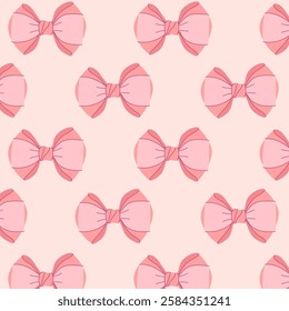 Seamless pattern with pink bow knots, gift ribbons. Trendy hair braiding accessory. Hand drawn vector illustration.