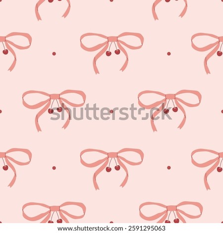 Seamless pattern with pink bow knots and cherries