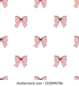 Seamless pattern with pink bows, barrette on a white background. Endless background for your design. Scandinavian style. Vector doodle illustration. 