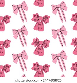 Seamless pattern with pink bows. Gift ribbons in hand drawn and flat styles. Fashionable vector illustration. Hair girly accessory. Bows for gift wrapping. Coquette core cute design.
