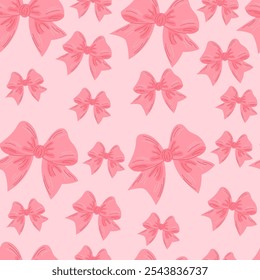 Padrão contínuo de arcos cor-de-rosa. Fitas de presente no fundo quadriculado. Coquette core bonito design na moda. Design para embrulhar papel, embalagem, tecido, têxtil, decoração de casa, presentes