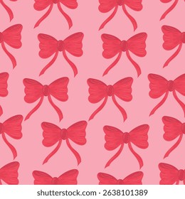 Seamless pattern of pink bows. Gift ribbons on checkered background. Coquette core cute trendy design. Design for wrapping paper, packaging, fabric, textile, home decor, gifts