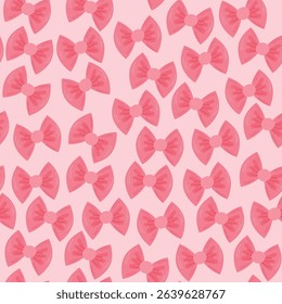 Seamless pattern of pink bows. Gift ribbons on checkered background. Coquette core cute trendy design. Design for wrapping paper, packaging, fabric, textile, home decor, gifts