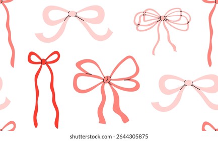Seamless pattern with pink bows. Gift coquette ribbons background. Modern bow design for print, textile, wrapping paper, fashion, fabric, wallpaper, cover. Hand drawn flat vector illustration