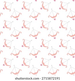 Seamless pattern of pink bows and heart arrows arranged diagonally on a clean white background. Playful romantic design for wrapping paper, textiles, stationery, party decor and Valentine themes