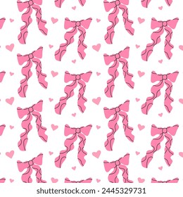 Seamless pattern with pink bows and hearts. Gift ribbons in hand drawn and flat styles. Fashionable vector illustration. Hair accessory. Bows for gift wrapping.