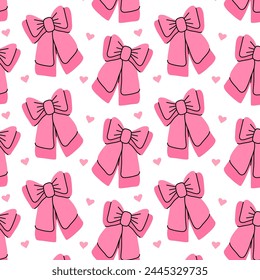 Seamless pattern with pink bows and hearts. Gift ribbons in hand drawn and flat styles. Fashionable vector illustration. Hair accessory. Bows for gift wrapping.