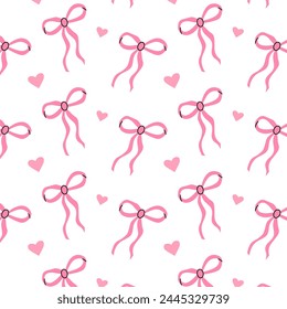 Seamless pattern with pink bows and hearts. Gift ribbons in hand drawn and flat styles. Fashionable vector illustration. Hair accessory. Bows for gift wrapping.