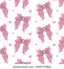 Seamless pattern with pink bows and hearts. Gift ribbons in hand drawn and flat styles. Fashionable vector illustration. Hair girly accessory. Bows for gift wrapping. Coquette core cute design.