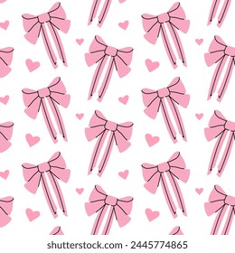 Seamless pattern with pink bows and hearts. Gift ribbons in hand drawn and flat styles. Fashionable vector illustration. Hair girly accessory. Bows for gift wrapping. Coquette core cute design.