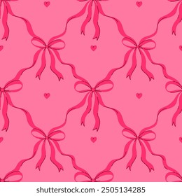 Seamless pattern with pink bows and hearts on a pink background. Vector graphics.