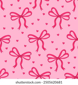 Seamless pattern of pink bows and hearts. Vector graphics.