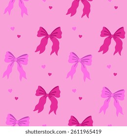 Seamless pattern with pink bows and hearts. Vector graphics.