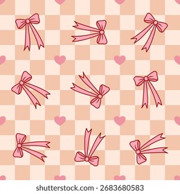 Patrón sin fisuras con lazos rosas y corazones sobre fondo a cuadros. Lindo diseño romántico para tela, envoltura de regalo, Fondo de pantalla y decoración digital.