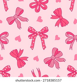 Nahtloses Muster aus rosafarbenen Schleifen und Herzen mit Tupfen und Streifen. Ideal für den Valentinstag, Textilien und Coquette-Ästhetik.