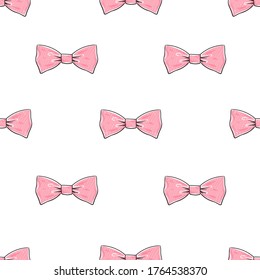 Seamless pattern with pink bows on a white background. Endless background for your design. Scandinavian style. Vector doodle illustration. 
