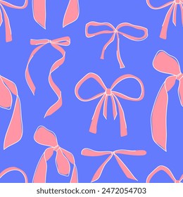 Seamless pattern with pink bows on a blue background. Pink bows with a white outline. Modern design of a seamless bow pattern for holidays, textiles, and gift products. Vector