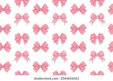 Seamless pattern with pink bows on white background. Vector illustration. Trendy various bows, gift ribbons.