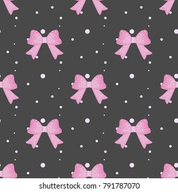 Seamless Pattern with pink bows on dark background. Vector Illustration