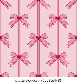 Seamless pattern with pink bows and red hearts on a light pink background. Valentine's day vector pattern.