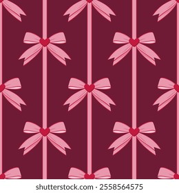 Seamless pattern with pink bows and red hearts on a plum background. Valentine's day vector pattern.
