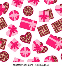 Seamless pattern with pink boxes of chocolates of different shapes for Valentine's Day or other holiday. Vector flat design isolated on white background.