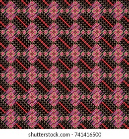 Seamless pattern in pink, brown and black colors. Vector background with tiles and rhombus. Vector geometrical seamless ornament.