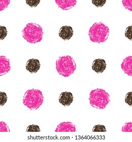 Seamless pattern with pink and brown grunge polka dots on transparent background. Crayons. Symmetric placement. Vector image. Eps 8