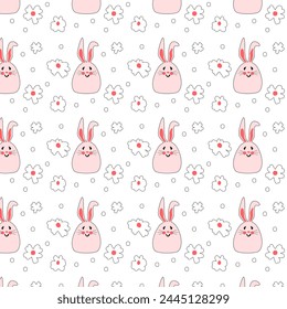 Seamless pattern with pink bunnies with flowers. Easter bunnies for printing on childrens products, fabric and wallpaper on a white background. Cartoon flat vector illustration.