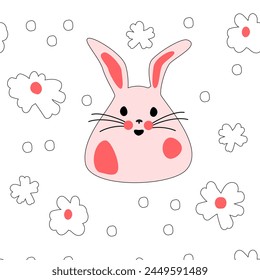 Seamless pattern with pink bunnies with flowers. Easter bunnies for printing on childrens products, fabric and wallpaper on a white background. Cartoon flat vector illustration.