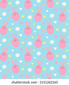 Seamless pattern with pink bunny, chamomiles and hearts. Print for textile, apparel, wrapping paper, fabric.