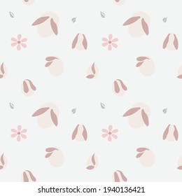 seamless pattern with pink bunny and floral shapes on a white background.