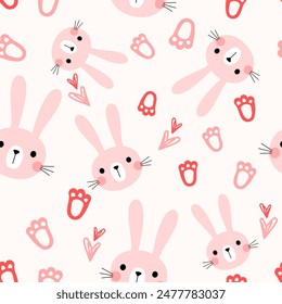 Seamless pattern with pink bunny rabbit cartoons, foot prints and hand drawn hearts on white background vector. Cute childish print.