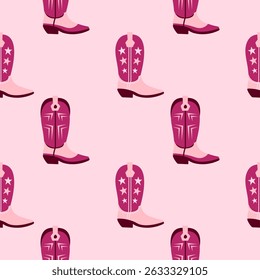 Seamless pattern with pink and burgundy stylized cowboy boots featuring stars and geometric details on light pink background. Western-themed and decorative design. Vector cowgirl boots wallpaper.