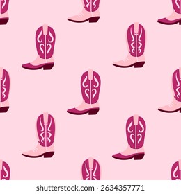 Seamless pattern with pink and burgundy stylized cowboy boots on light pink background. Western-themed and playful girly design for textiles and backgrounds. Vector cowgirl boots disco wallpaper.