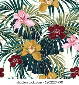 Seamless pattern, pink burgundy yellow orchid flower and green exotic palm monster leaves on light background.