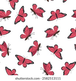 Seamless pattern of pink butterflies with black details in a flat style, gracefully arranged on a white background. Perfect for textile design, stationery, packaging, and nature-inspired decorations.