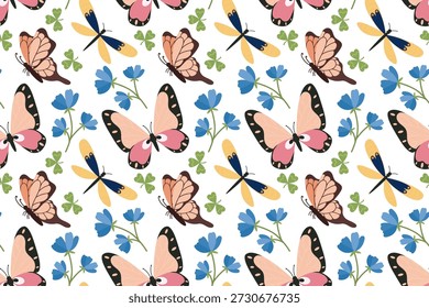 Modelo inconsútil con las mariposas rosadas y las flores azules. Mariposa de verano. Ilustración de insecto de primavera. Hermosas polillas tropicales de verano dibujadas a mano. Estilo plano.
