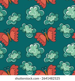 Seamless pattern with pink butterflies and clouds. Vector illustration